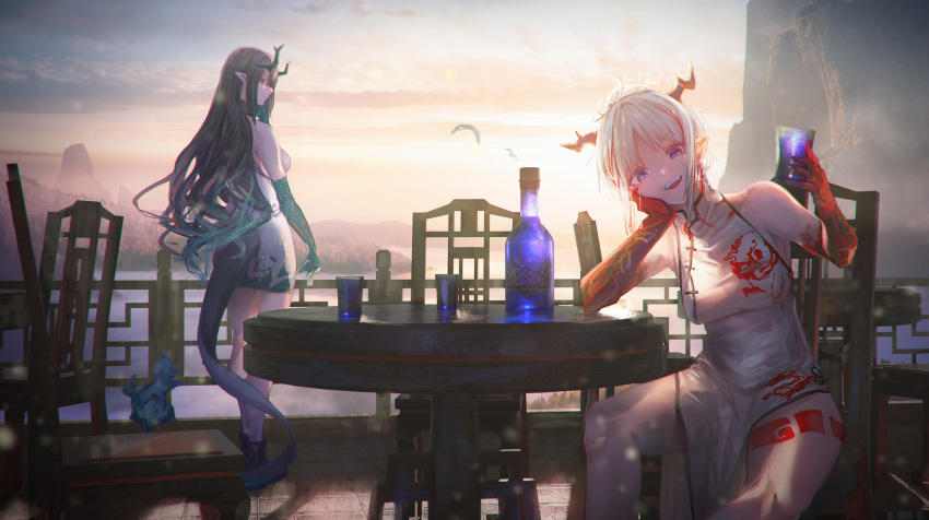 2girls aqua_hair aqua_skin arknights bird black_hair bottle breasts chair china_dress chinese_clothes colored_skin cup dragon_girl dragon_horns dress drinking_glass dusk dusk_(arknights) gradient_hair gyoukan_(jfxc) head_rest highres holding holding_cup horns leg_tattoo multicolored_hair multicolored_skin multiple_girls nian_(arknights) nian_(unfettered_freedom)_(arknights) official_alternate_costume open_mouth pointy_ears red_eyes red_skin redhead shoes sleeveless sleeveless_dress standing streaked_hair table tail tattoo violet_eyes white_dress white_hair wine_bottle
