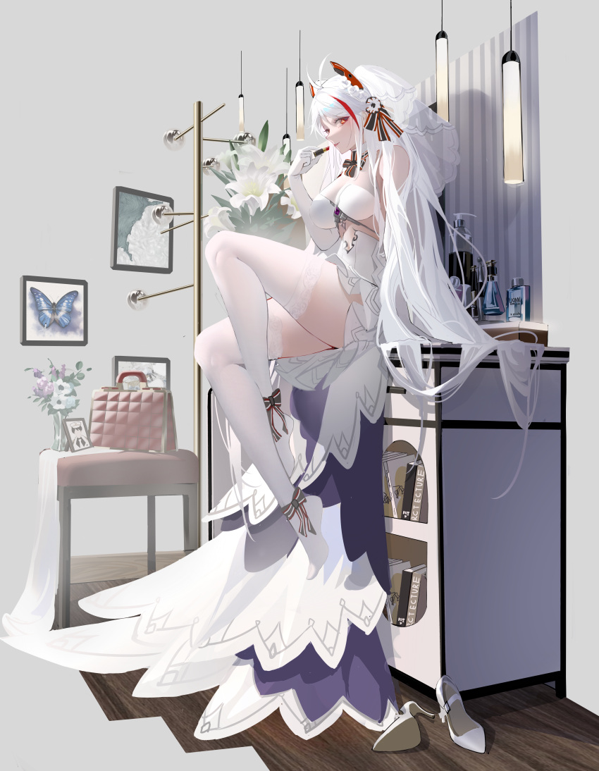 1girl absurdres antenna_hair azur_lane bangs blue_butterfly book bottle breasts bridal_veil bug butterfly commentary_request cosmetics desk dress elbow_gloves eyebrows_visible_through_hair flower full_body gloves headgear high_heels highres holding holding_lipstick_tube lipstick_tube long_hair looking_at_viewer multicolored_hair no_shoes official_alternate_costume panties plant potted_plant prinz_eugen_(azur_lane) prinz_eugen_(symphonic_fate)_(azur_lane) red_eyes redhead rib_(rib_delesetong) shoes shoes_removed sideways_glance sitting smile solo streaked_hair underwear veil very_long_hair white_dress white_flower white_gloves white_hair white_legwear