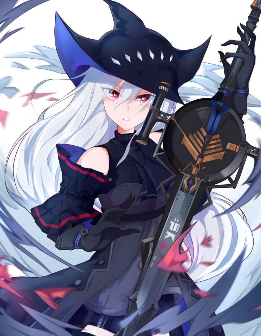 1girl absurdres arknights bangs bare_shoulders black_gloves black_headwear black_neckwear black_pants breasts clothing_cutout cowboy_shot elbow_gloves gloves hair_between_eyes highres holding holding_sword holding_weapon jiaoxiang_tc long_hair looking_at_viewer medium_breasts pants parted_lips red_eyes silver_hair skadi_(arknights) solo sword thigh_cutout thighs very_long_hair weapon white_background