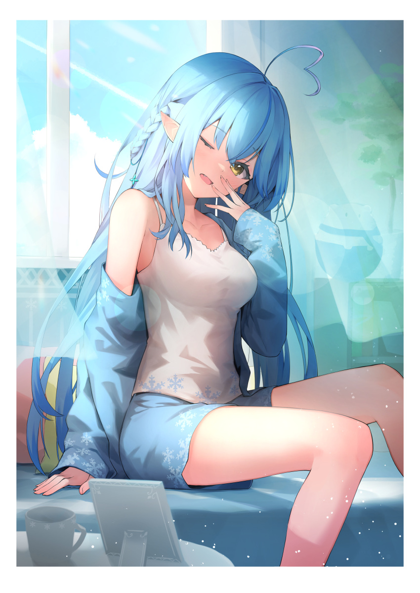 1girl absurdres ahoge bangs blue_hair blue_jacket blue_shorts blue_sky border braid breasts clouds commentary_request cup curtains day elf eyebrows_visible_through_hair fang hair_between_eyes hand_to_own_mouth hand_up heart_ahoge highres hololive indoors jacket legs long_hair long_sleeves looking_at_viewer medium_breasts official_art one_eye_closed open_clothes open_jacket open_mouth pointy_ears print_jacket print_shirt print_shorts sasahara_kugui shirt short_shorts shorts sitting sky snowflake_print solo sunlight virtual_youtuber white_border white_shirt window yellow_eyes yukihana_lamy
