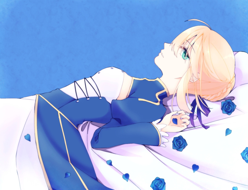 1girl ahoge artoria_pendragon_(all) blonde_hair blue_ribbon breasts cleavage_cutout clothing_cutout fate/grand_order fate/stay_night fate_(series) green_eyes hair_bun hair_ribbon holding holding_weapon juliet_sleeves long_sleeves maru_(pixiv51714255) medium_breasts puffy_sleeves ribbon saber solo