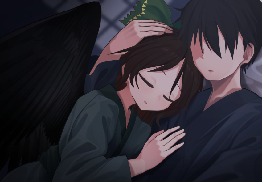 1boy 1girl akaiha_(akaihasugk) alternate_costume alternate_hairstyle bird_wings black_hair black_wings blue_kimono bow brown_hair closed_eyes commission couple facing_viewer green_bow green_kimono hand_on_another's_chest hand_on_another's_head hetero japanese_clothes kimono pixiv_request reiuji_utsuho short_hair sleeping sleeping_on_person textless touhou wings