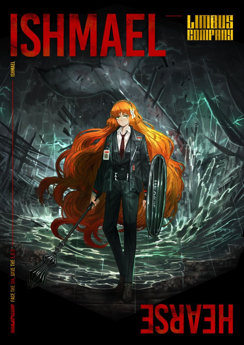 1girl absurdres bangs black_footwear black_jacket black_pants black_vest character_name closed_mouth formal full_body headband highres holding holding_shield holding_weapon ishmael jacket limbus_company long_hair long_sleeves looking_at_viewer mace necktie official_art open_clothes open_jacket orange_eyes orange_hair pants red_necktie shield shoes solo standing vest water weapon