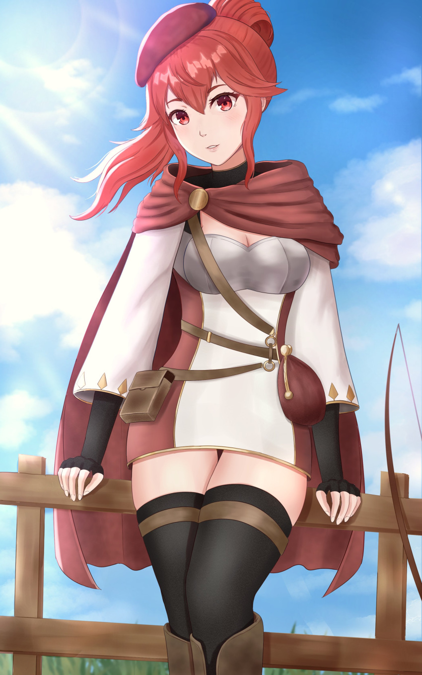 1girl absurdres anna_(fire_emblem) bangs belt belt_pouch beret black_gloves black_legwear blue_sky blush bow_(weapon) brown_belt cape commentary day dress elbow_gloves english_commentary fingerless_gloves fire_emblem fire_emblem_warriors floating_hair gloves hair_between_eyes hat highres lips long_hair long_sleeves looking_at_viewer outdoors parted_lips pink_lips ponytail pouch red_cape red_eyes red_headwear redhead sidelocks sky sleeptopi solo sunlight thigh-highs weapon white_dress zettai_ryouiki