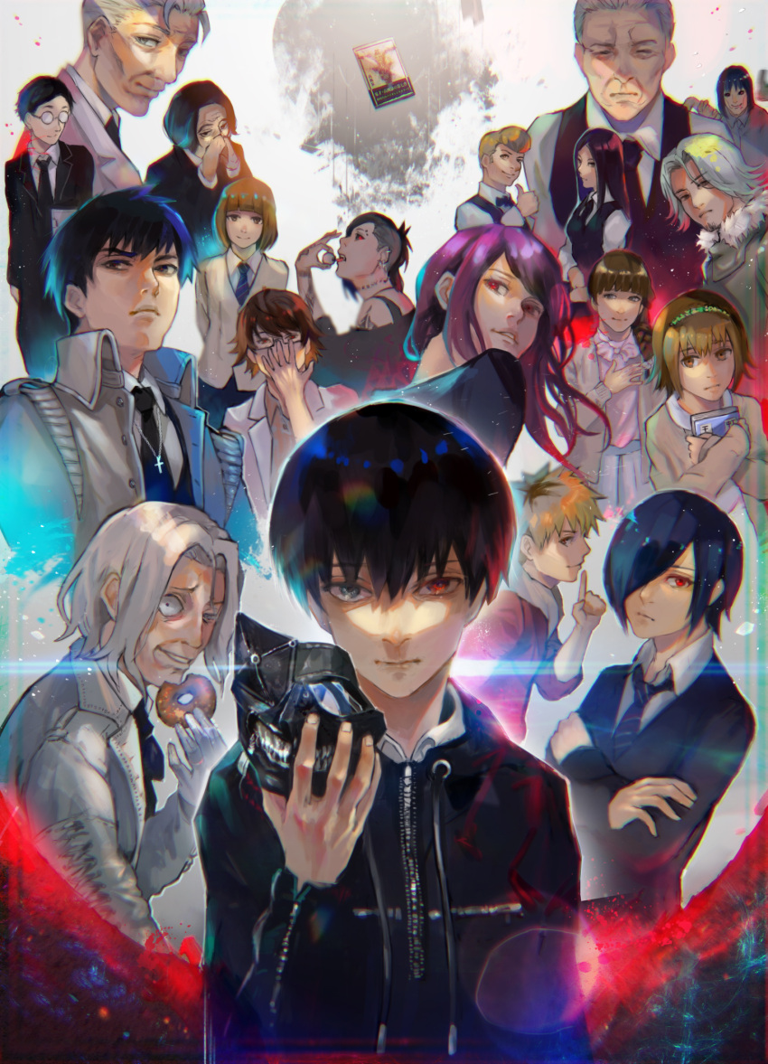 6+boys 6+girls amon_koutarou bangs black_hair black_jacket black_necktie blonde_hair blue_hair book brown_hair character_request cross cross_necklace crossed_arms doughnut eating food fueguchi_hinami fueguchi_ryouko glasses grey_hair hair_over_one_eye hand_up highres holding holding_book holding_mask irimi_kaya jacket jewelry kagune_(tokyo_ghoul) kamishiro_rize kaneki_ken kanou_akihiro kirishima_touka koma_enji kusaba_ippei kyuuba_melo long_hair mado_kureo marude_itsuki mask mask_removed mother_and_daughter mouth_mask multiple_boys multiple_girls nagachika_hideyoshi necklace necktie nishino_kimi nishio_nishiki official_style old old_man one_eye_closed parted_bangs purple_hair red_eyes round_eyewear serious short_hair smile tokyo_ghoul tsukiyama_shuu uta_(tokyo_ghoul) very_short_hair yomo_renji yoshimura_(tokyo_ghoul)