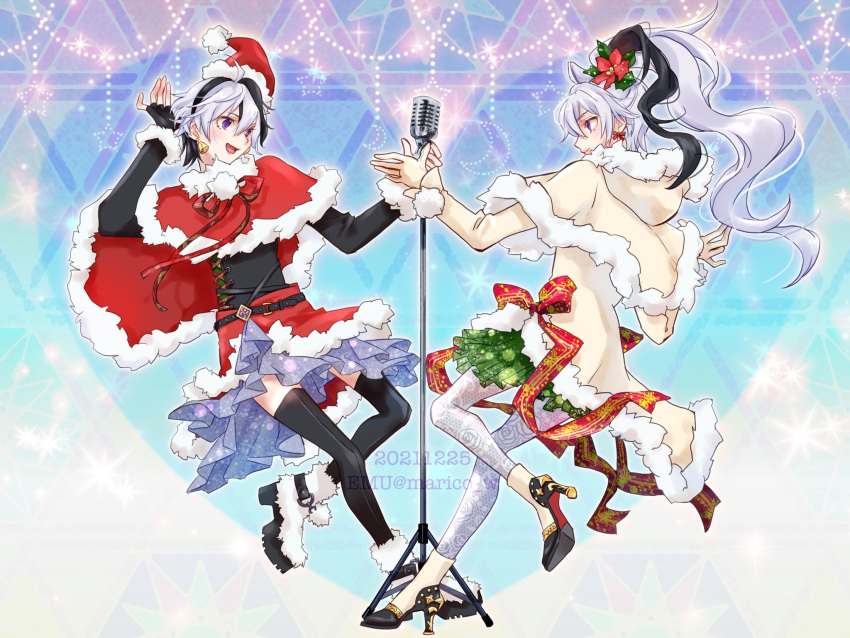 2girls beige_capelet beige_dress bell bell_earrings belt black_gloves black_hair black_legwear black_shirt boots capelet commentary crescent_moon dated dress dual_persona earrings emu_(marico_w) fingerless_gloves floral_print flower flower_(vocaloid) full_body fur-trimmed_boots fur-trimmed_capelet fur-trimmed_dress fur-trimmed_headwear fur-trimmed_skirt fur_trim gloves hair_flower hair_ornament hand_up hat heart heart_background high_heels highres jewelry layered_skirt leaning_back long_hair microphone microphone_stand moon multicolored_hair multiple_girls open_mouth ponytail purple_hair red_capelet red_flower red_headwear red_ribbon red_skirt ribbon santa_hat shared_microphone shirt short_hair skirt smile standing standing_on_one_leg star_(symbol) streaked_hair symmetry thigh-highs twitter_username v_flower_(vocaloid4) violet_eyes vocaloid white_legwear