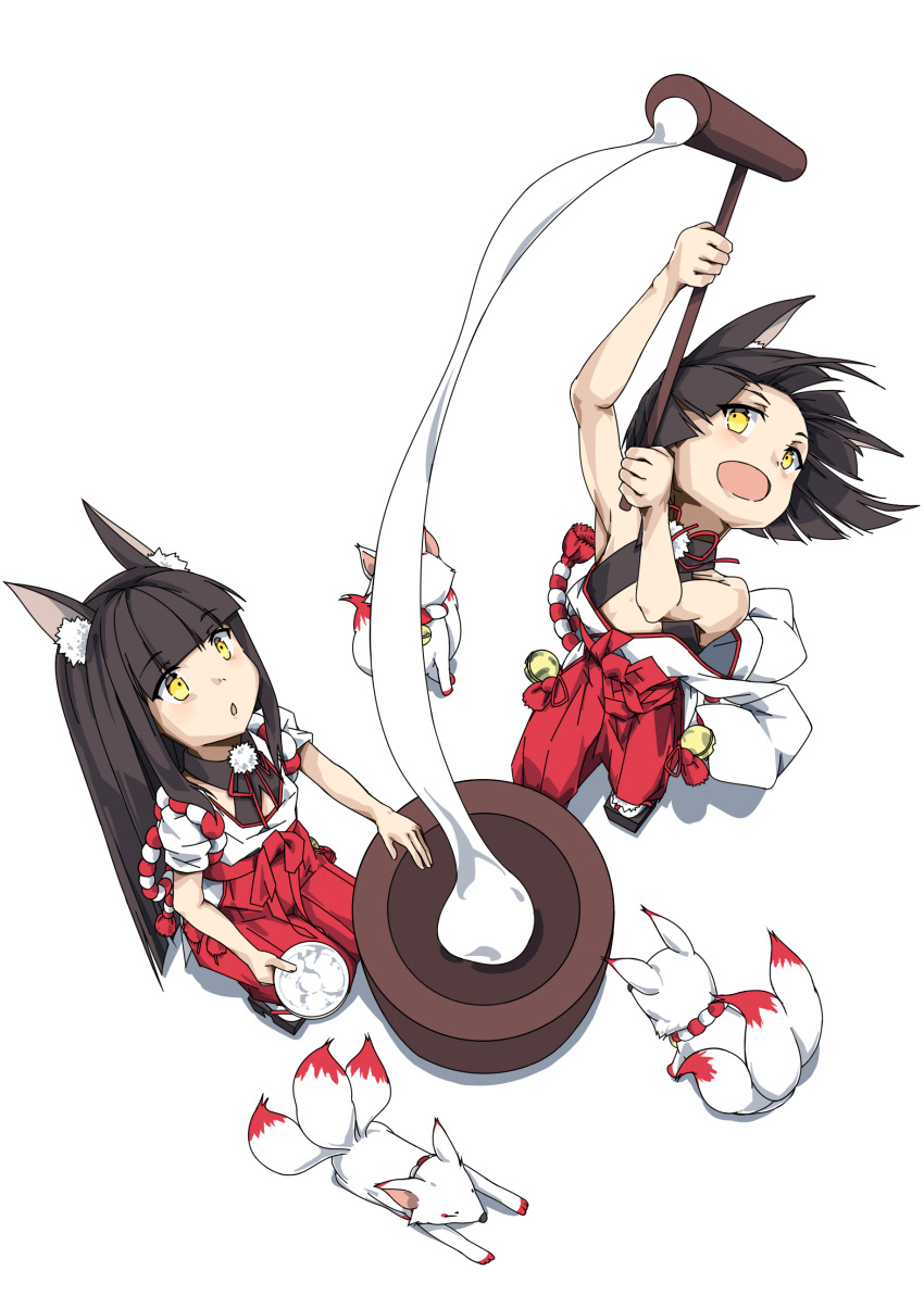 2girls absurdres animal_ears azur_lane bangs black_hair blunt_bangs commentary_request dutch_angle fox fox_ears fox_girl fox_tail from_above geta hakama highres japanese_clothes kine long_hair mallet maru_sashi mochi mortar multiple_girls multiple_tails mutsu_(azur_lane) nagato_(azur_lane) new_year rice short_hair siblings simple_background sisters sleeves_rolled_up tabi tail white_background yellow_eyes