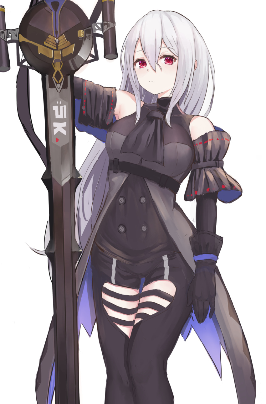 1girl arknights arm_cuffs ascot bangs bare_shoulders black_ascot black_gloves black_pants black_shirt closed_mouth clothing_cutout commentary eyebrows_visible_through_hair feet_out_of_frame gloves hair_between_eyes highres infection_monitor_(arknights) long_hair looking_at_viewer low-tied_long_hair no_hat no_headwear pants pony_(shihyo-6591) red_eyes shirt silver_hair simple_background skadi_(arknights) sleeveless sleeveless_shirt solo standing thigh_cutout thigh_gap thighs very_long_hair white_background