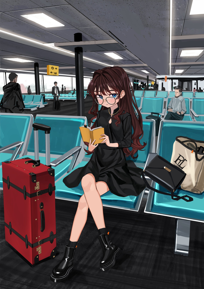 1girl 2boys absurdres bag bangs black-framed_eyewear black_dress black_footwear black_legwear blue_eyes blush book bookmark boots breasts brown_hair comiket_99 commentary cover cover_page crossed_legs dress elisia_valfelto eyebrows_behind_hair full_body glasses hair_intakes handbag highres holding holding_book indoors long_hair long_sleeves luicent multiple_boys open_book original parted_lips people ribbed_legwear rolling_suitcase sitting small_breasts socks very_long_hair