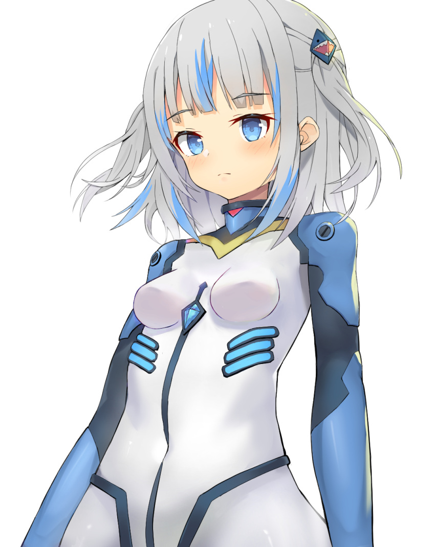 1girl archer_(deec1220) bangs blue_eyes blue_hair blunt_bangs blush breasts covered_navel eyebrows_visible_through_hair gawr_gura hair_ornament highres hololive hololive_english medium_hair multicolored_hair neon_genesis_evangelion pilot_suit plugsuit shark_hair_ornament sidelocks silver_hair simple_background small_breasts solo streaked_hair two_side_up upper_body virtual_youtuber white_background