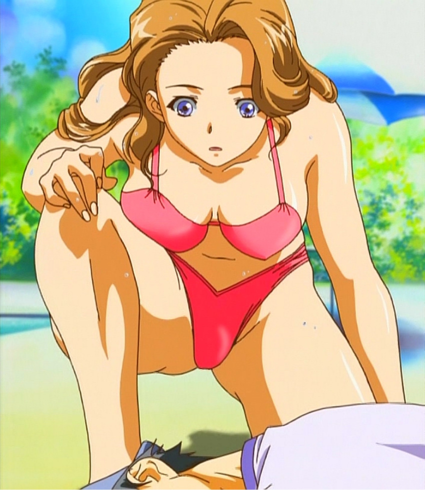 1girl bikini blue_eyes breasts highres i"s katsura_masakazu one_knee pink_bikini screencap swimsuit