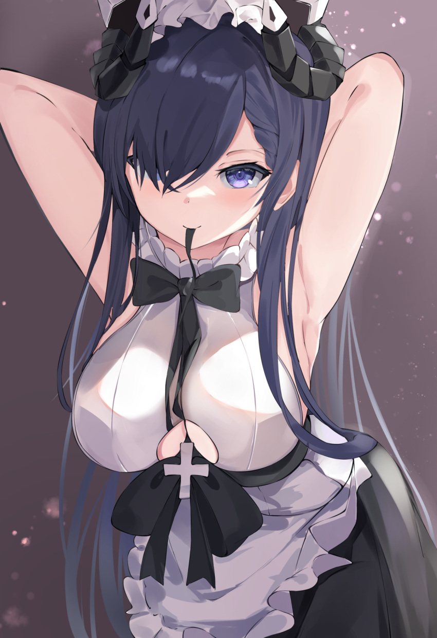 1girl apron armpits arms_behind_head august_von_parseval_(azur_lane) august_von_parseval_(the_conquered_unhulde)_(azur_lane) azur_lane black_bow black_bowtie bow bowtie breasts clothing_cutout cross curled_horns hair_over_one_eye highres horns large_breasts looking_at_viewer maid_apron maid_headdress mechanical_horns mouth_hold purple_hair ribbon ribbon_in_mouth runep solo underboob_cutout violet_eyes