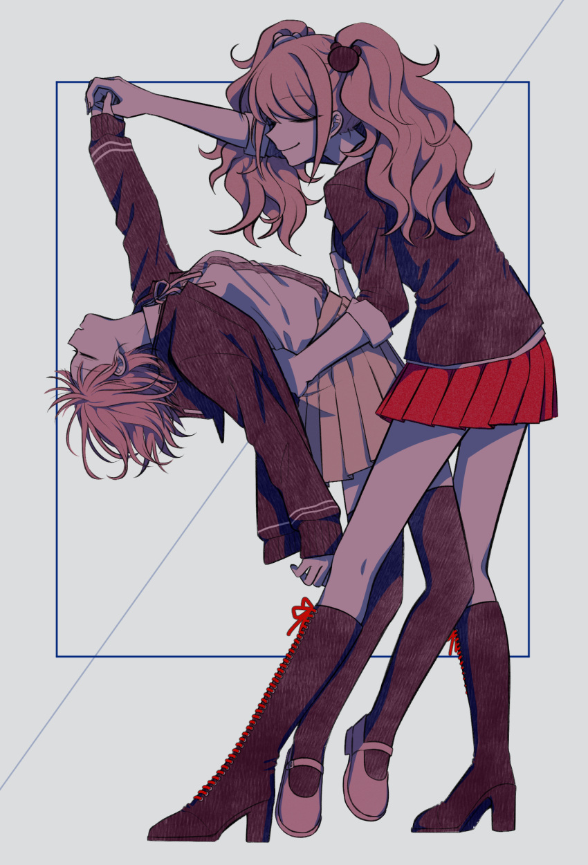 2girls arm_up bangs bear_hair_ornament black_shirt boots brown_footwear brown_hair brown_jacket closed_mouth corpse dancing danganronpa:_trigger_happy_havoc danganronpa_(series) danganronpa_2:_goodbye_despair enoshima_junko eyebrows_visible_through_hair from_side grey_background hair_ornament highres holding_hands jacket jun_(jung_rk) knee_boots long_hair long_sleeves miniskirt multiple_girls nanami_chiaki neck_ribbon necktie pink_footwear pink_ribbon pleated_skirt red_skirt ribbon shirt shirt_tucked_in shoes short_hair simple_background skirt smile standing thigh-highs twintails two-tone_shirt white_shirt