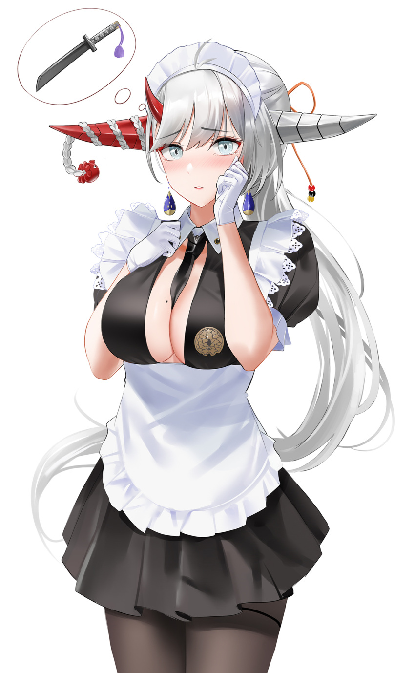 1girl apron asymmetrical_horns azur_lane black_dress black_legwear blue_eyes blush braid breasts commentary_request dress earrings eyebrows_visible_through_hair gloves hakuryuu_(azur_lane) hakuryuu_(slice_dice_and_serve)_(azur_lane) highres horns jewelry large_breasts long_hair looking_at_viewer maid_apron maid_headdress mole mole_on_breast multiple_horns pantyhose ponytail qing_wu red_horns short_dress side_braid silver_hair simple_background solo sword tears thought_bubble weapon white_apron white_background white_gloves white_horns