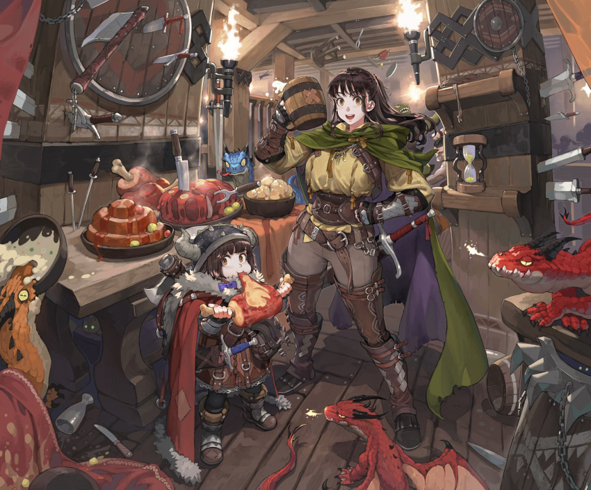 2girls axe barrel belt blue_bow boned_meat boots bow breathing_fire brown_hair cape carving_fork cat cup dragon eating english_commentary eyebrows_visible_through_hair fake_horns fantasy fighting fingerless_gloves fire food fur-trimmed_cape fur_trim gauntlets gloves hand_on_hip helmet highres holding holding_food horned_helmet horns hourglass indoors jun_(seojh1029) knife long_hair looking_at_viewer meat multiple_girls orange_eyes original patch people planted planted_axe planted_knife planted_sword sheath sheathed shield short_hair siblings sisters spill steam stool sword tankard tavern thigh-highs thigh_boots torch weapon wooden_shield