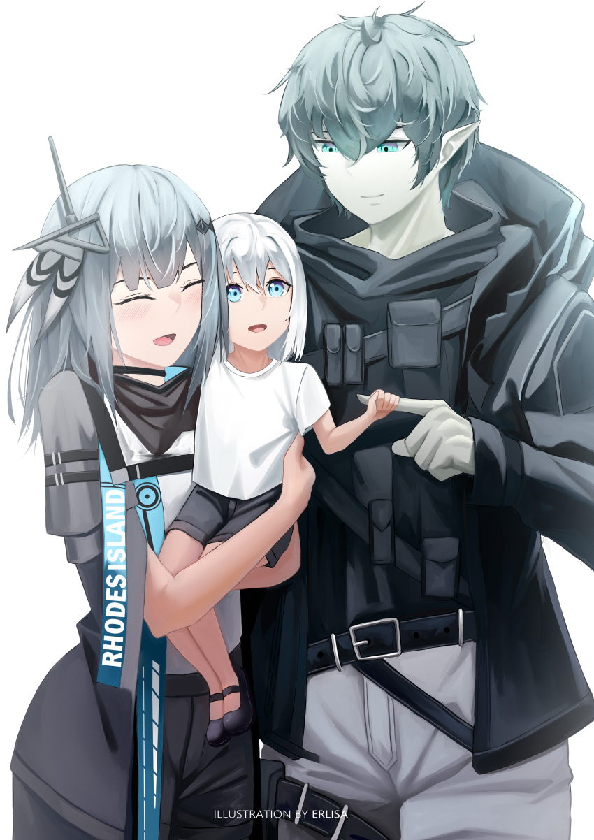 1boy 1girl 1other absurdres ambiguous_gender arknights closed_eyes commission erlisatakanashi father_and_child faust_(arknights) feather_hair greythroat_(arknights) highres hug if_they_mated mother_and_child pale_skin pointy_ears smile