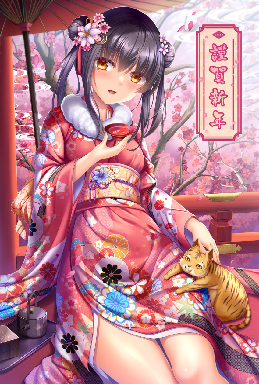 1girl :d animal bangs black_hair breasts brown_eyes chinese_zodiac commentary_request cup double_bun eyebrows_visible_through_hair floral_print flower hair_between_eyes highres holding holding_cup japanese_clothes kimono long_sleeves looking_at_viewer nengajou new_year obi oil-paper_umbrella original print_kimono railing red_flower red_kimono red_umbrella sakazuki sash small_breasts smile solo tiger tray tree twintails umbrella umitonakai wide_sleeves year_of_the_tiger