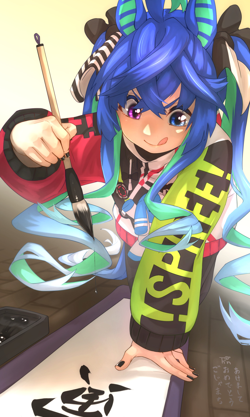 1girl :q absurdres ahoge bangs black_nails blue_eyes blue_hair blue_ribbon calligraphy_brush clothes_writing commentary_request crossed_bangs ear_covers green_hair hair_between_eyes hair_ribbon heterochromia highres ink long_hair long_sleeves multicolored_hair nail_polish on_floor paintbrush ribbon scroll smile solo thin_(suzuneya) tongue tongue_out twin_turbo_(umamusume) twintails two-tone_hair umamusume v-shaped_eyebrows very_long_hair violet_eyes wooden_floor writing