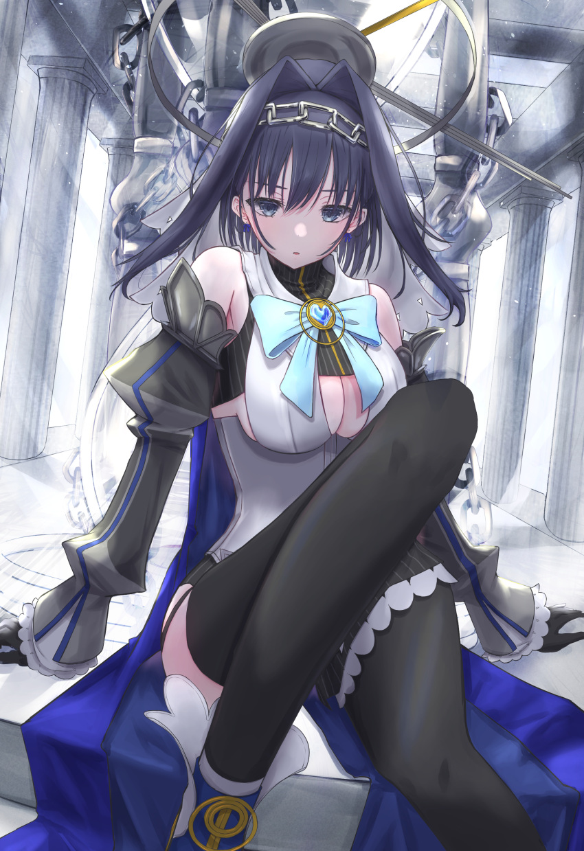 1girl absurdres bangs black_gloves black_legwear blue_capelet blue_eyes blue_hair bow bow_earrings bowtie breasts capelet cleavage_cutout clock_hands clothing_cutout detached_sleeves earrings garter_straps gloves hair_intakes head_chain highres hinataaoi_(iraiuketsukechuu) hololive hololive_english jewelry knee_up large_breasts looking_at_viewer mechanical_halo miniskirt ouro_kronii parted_lips pillar short_hair sitting skirt solo thigh-highs veil virtual_youtuber