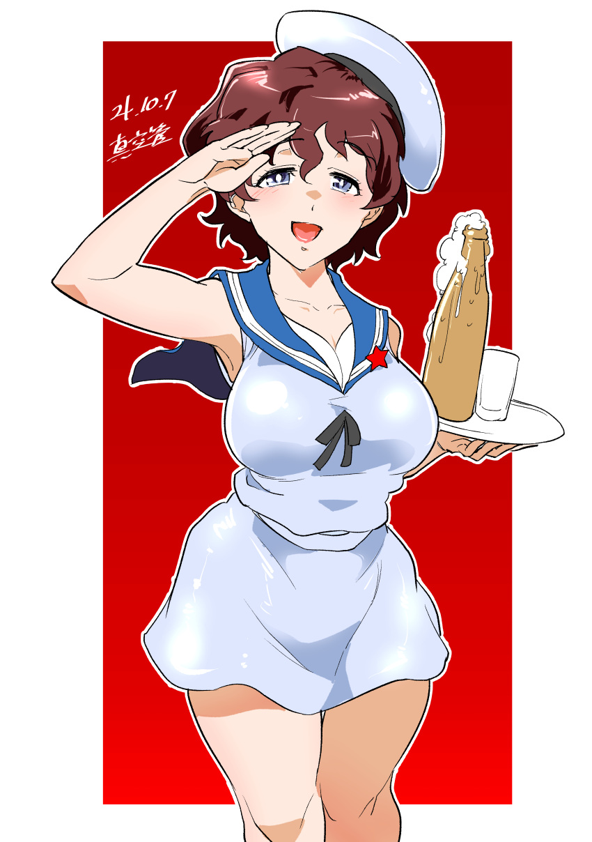 1girl absurdres akaboshi_koume alcohol artist_name bangs beer beret blue_eyes blue_sailor_collar bottle breasts bright_pupils brown_hair commentary_request cowboy_shot cup dated dress drinking_glass girls_und_panzer half-closed_eyes hat highres holding holding_tray large_breasts looking_at_viewer open_mouth outline outside_border partial_commentary red_background sailor_collar sailor_dress salute shinkuukan_(tetsuo3) short_dress short_hair signature sleeveless sleeveless_dress smile solo standing star_(symbol) tilted_headwear tray wavy_hair white_dress white_headwear white_outline white_pupils