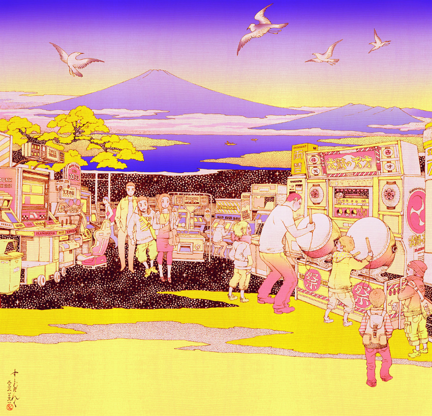 arcade_cabinet backpack bag blue_sky character_request clouds gradient_sky hand_in_pocket highres lantern limited_palette long_hair long_sleeves mount_fuji open_mouth profile red_footwear ruhanalove sakuragi_hanamichi short_hair sky slam_dunk tree very_short_hair white_bird yellow_footwear yellow_sky