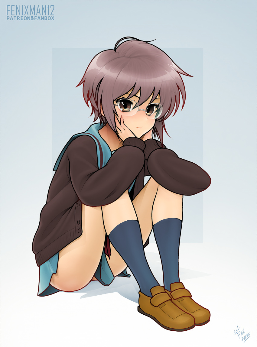 1girl aqua_sailor_collar aqua_skirt artist_name black_legwear black_shirt blush brown_eyes brown_footwear fenixman12 glasses highres long_sleeves looking_at_viewer nagato_yuki purple_hair shadow shirt shoes short_hair skirt socks solo suzumiya_haruhi_no_yuuutsu