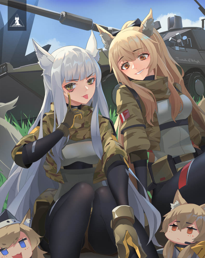 4girls :p akanbe alternate_costume animal_ear_fluff animal_ears arknights bangs belt belt_pouch black_headwear black_legwear blemishine_(arknights) blue_eyes blue_sky bodystocking breasts brown_eyes brown_gloves brown_hair brown_shorts camouflage camouflage_jacket chibi chibi_inset corset day expressionless eyebrows_visible_through_hair garrison_cap gloves grass green_eyes ground_vehicle hat headset highres horse_ears jacket long_hair looking_at_viewer medium_breasts military military_vehicle motor_vehicle multiple_girls nearl_(arknights) on_ground open_clothes open_jacket outdoors parted_lips platinum_(arknights) ponytail pouch red_eyes rhodes_island_logo short_shorts shorts sidelocks silver_hair sima_naoteng sitting sky sleeves_past_elbows smile tail tank tongue tongue_out v-shaped_eyebrows very_long_hair whislash_(arknights)