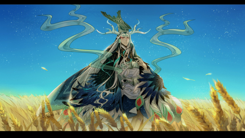 1boy antlers black_hair blue_hair chinese_clothes eyeliner eyeshadow fate/grand_order fate_(series) feathers field forehead_jewel hermithessa long_hair makeup male_focus mian_guan multicolored_hair pipe red_eyes shi_huang_di_(fate) smoke solo two-tone_hair very_long_hair white_hair wide_sleeves