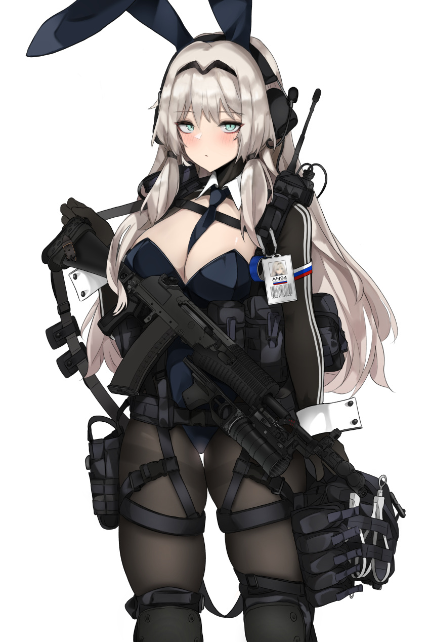 1girl absurdres alternate_costume an-94 an-94_(girls'_frontline) assault_rifle between_breasts black_legwear black_leotard black_necktie breasts girls_frontline green_eyes gun highres large_breasts leotard long_hair long_sleeves necktie necktie_between_breasts pantyhose platinum_blonde_hair playboy_bunny pz-15 rifle shrug_(clothing) simple_background solo weapon white_background wrist_cuffs