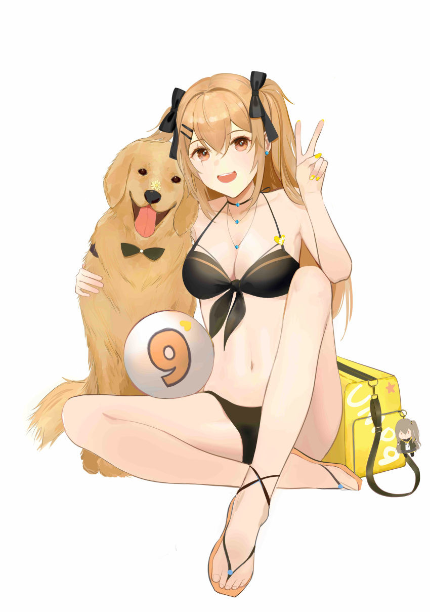 1girl absurdres bikini black_bikini breasts brown_eyes brown_hair chilli_646 choker dog earrings front-tie_bikini front-tie_top girls_frontline hair_ornament hairclip highres jewelry long_hair medium_breasts navel necklace sandals solo swimsuit twintails ump9_(girls'_frontline) v yellow_nails