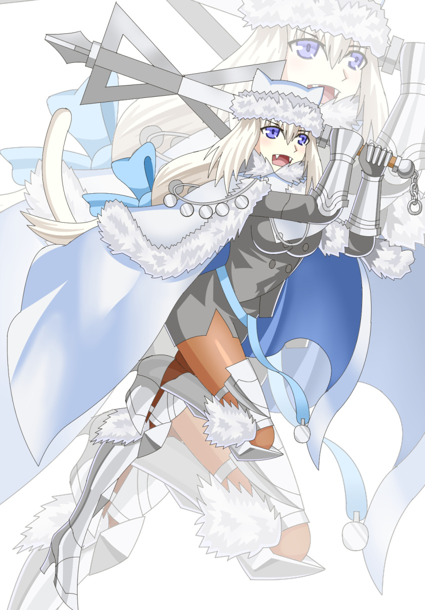 1girl absurdres animal_ears armored_boots bangs blue_bow blue_eyes blue_ribbon blush boots bow breasts brown_legwear buttons cape capelet cat_ears cat_girl cat_tail crop_top crop_top_overhang cymri_gwynedd dobrynya_nikitich_(fate) dress fate/grand_order fate_(series) fur-trimmed_capelet fur-trimmed_headwear fur_trim gauntlets grey_dress hair_bow hat highres knee_boots large_breasts long_hair long_sleeves looking_at_viewer low_ponytail mace medium_breasts open_mouth pantyhose ribbon short_dress smile solo tail thighs weapon white_cape white_capelet white_hair white_headwear