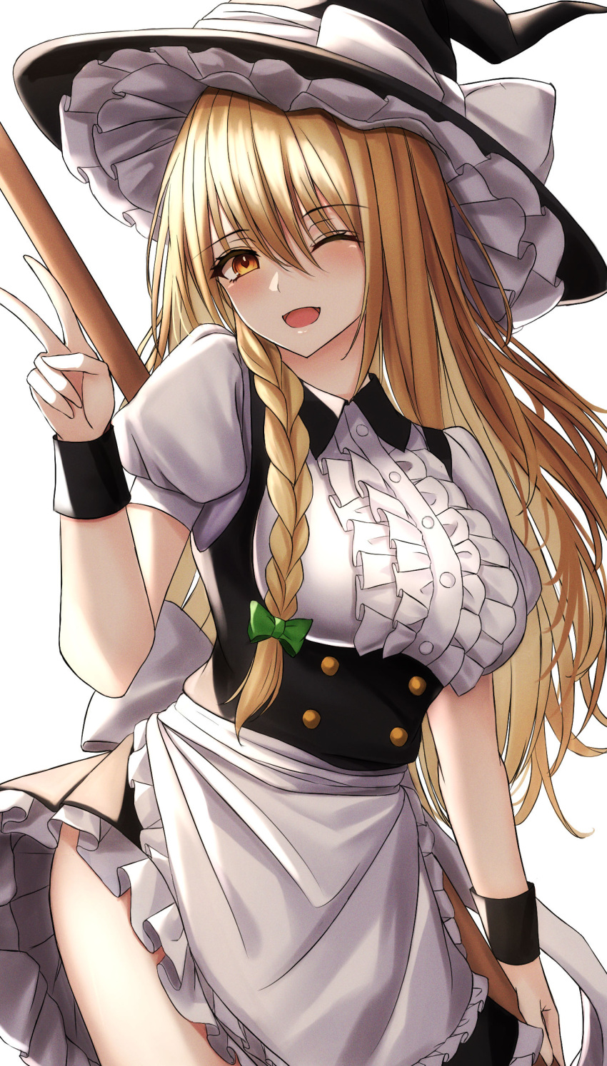 .me 1girl ;d absurdres apron arm_at_side arm_up bangs black_headwear black_wristband blonde_hair blush bow braid breasts buttons center_frills collared_shirt eyebrows_visible_through_hair eyelashes frilled_apron frills green_ribbon hair_ribbon hat hat_bow hat_ribbon highres kirisame_marisa large_breasts long_hair looking_at_viewer one_eye_closed open_mouth puffy_short_sleeves puffy_sleeves ribbon shirt short_sleeves simple_background single_braid smile solo standing thighs tongue touhou tress_ribbon v white_apron white_background white_bow white_ribbon wing_collar witch_hat yellow_eyes