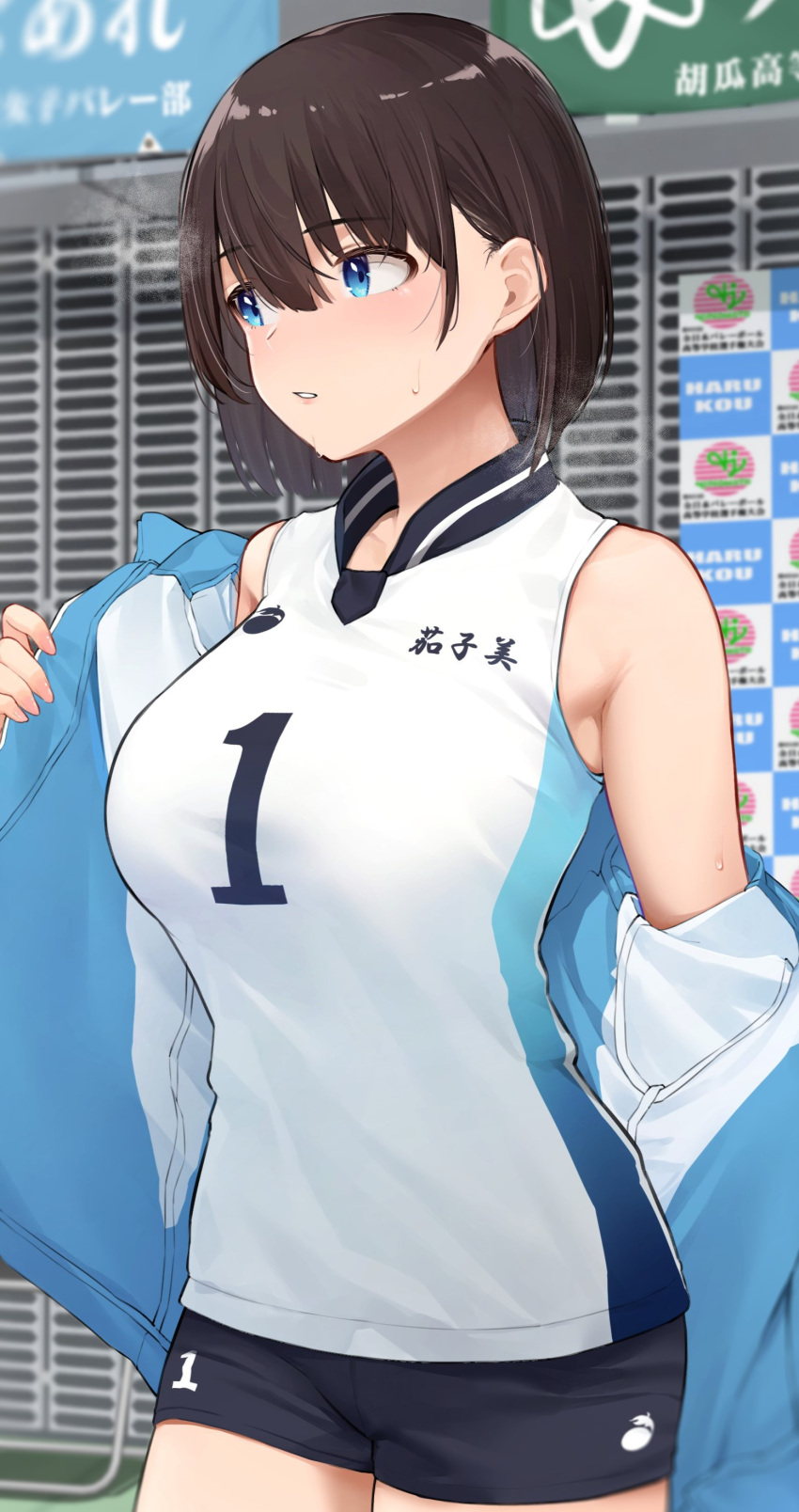 1girl :o absurdres aqua_eyes armpits black_hair black_shorts blue_jacket blush bob_cut breasts collared_shirt cowboy_shot eyebrows_visible_through_hair highres jacket looking_afar medium_breasts original shirt short_hair shorts sleeveless sleeveless_shirt sportswear stadium steam sweatdrop undressing uniform vegetablenabe volleyball_uniform