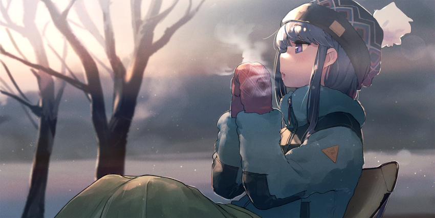 1girl bare_tree beanie black_headwear blue_eyes blue_hair blush eyebrows_visible_through_hair hat highres jacket long_hair long_sleeves minawa mittens open_mouth pom_pom_(clothes) red_mittens shima_rin sidelocks sitting solo tree yurucamp