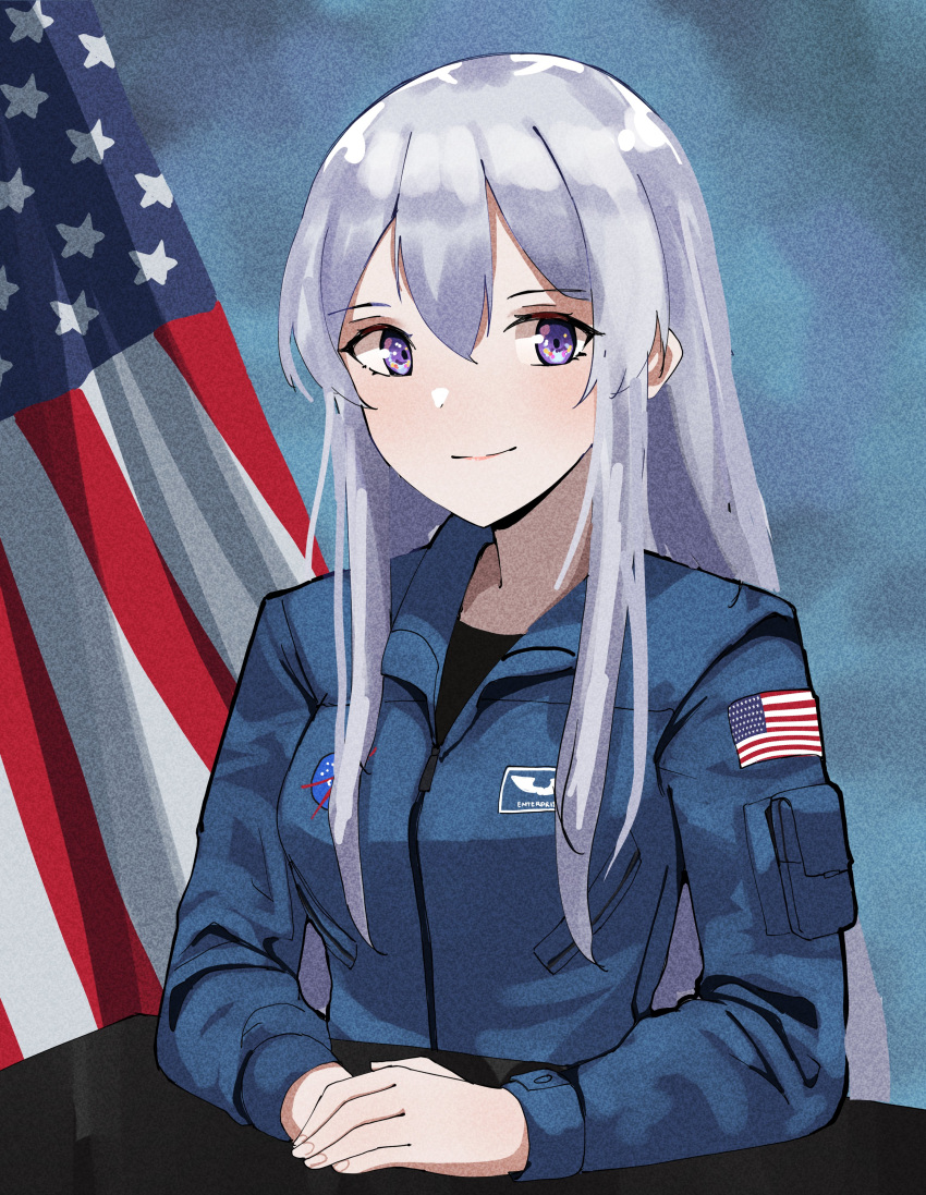 1girl absurdres american_flag azur_lane blue_jacket closed_mouth commentary commission english_commentary enterprise_(azur_lane) film_grain gar32 grey_hair highres jacket long_hair looking_at_viewer military military_uniform nasa nasa_logo smile solo uniform upper_body violet_eyes