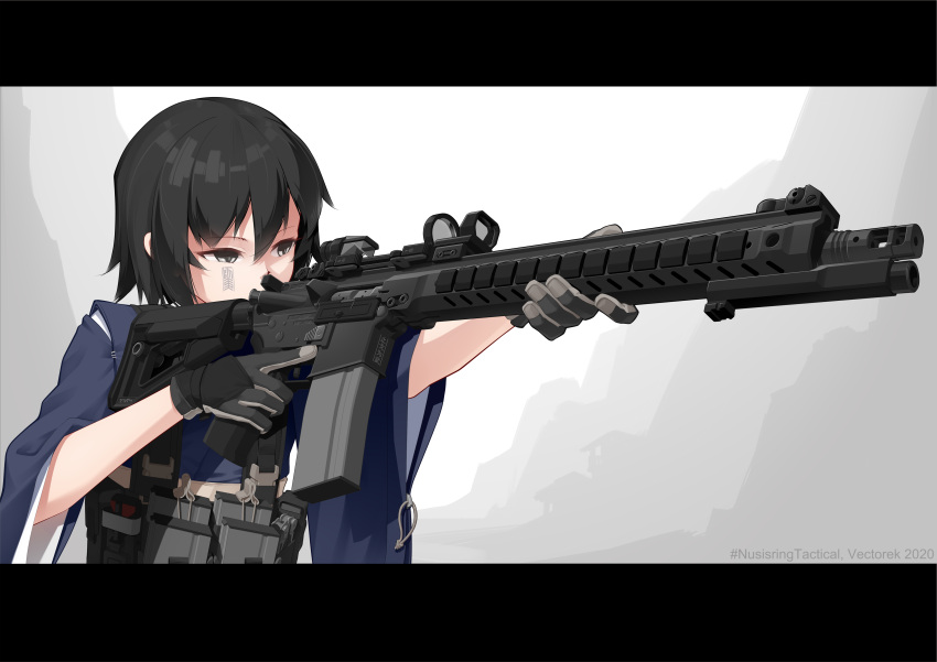 1girl absurdres aiming ar-15 artist_name bangs belt blue_jacket commentary english_commentary facial_mark gloves grey_gloves gun half-closed_eyes highres holding holding_gun holding_weapon jacket letterboxed long_sleeves looking_to_the_side magazine_(weapon) original rifle shi'i_nana short_hair solo trigger_discipline utility_belt vectorek weapon wide_sleeves