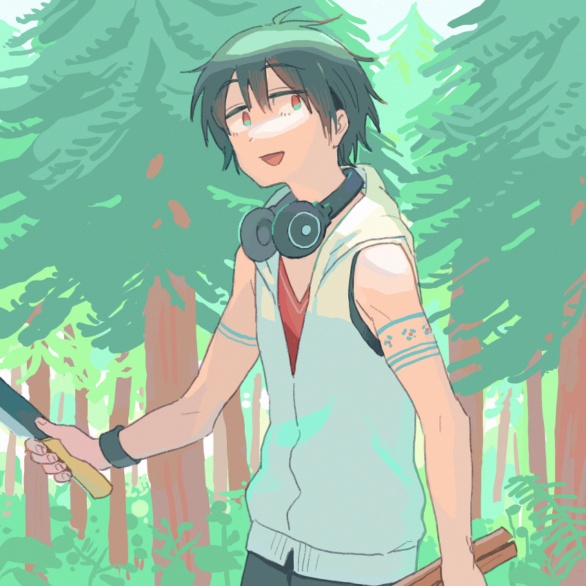 1boy aqua_eyes arm_tattoo black_hair commentary_request day eyebrows_visible_through_hair forest headphones headphones_around_neck highres holding holding_knife hood hood_down hoodie knife looking_at_viewer male_focus muji_(uimss) multicolored_eyes nature nijisanji open_mouth orange_eyes outdoors red_shirt shirt short_hair sleeveless sleeveless_hoodie smile solo tattoo tree upper_body virtual_youtuber white_hoodie wristband yumeoi_kakeru