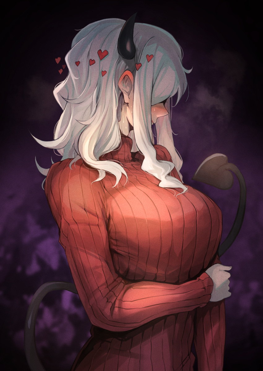 1girl absurdres arm_around_waist blush breasts demon_girl demon_horns demon_tail ear_blush english_commentary hair_over_eyes heart helltaker highres horns large_breasts long_hair long_sleeves modeus_(helltaker) ohako_(ohako1818) parted_lips purple_background red_sweater sidelocks silver_hair solo steaming_body sweat sweater tail upper_body