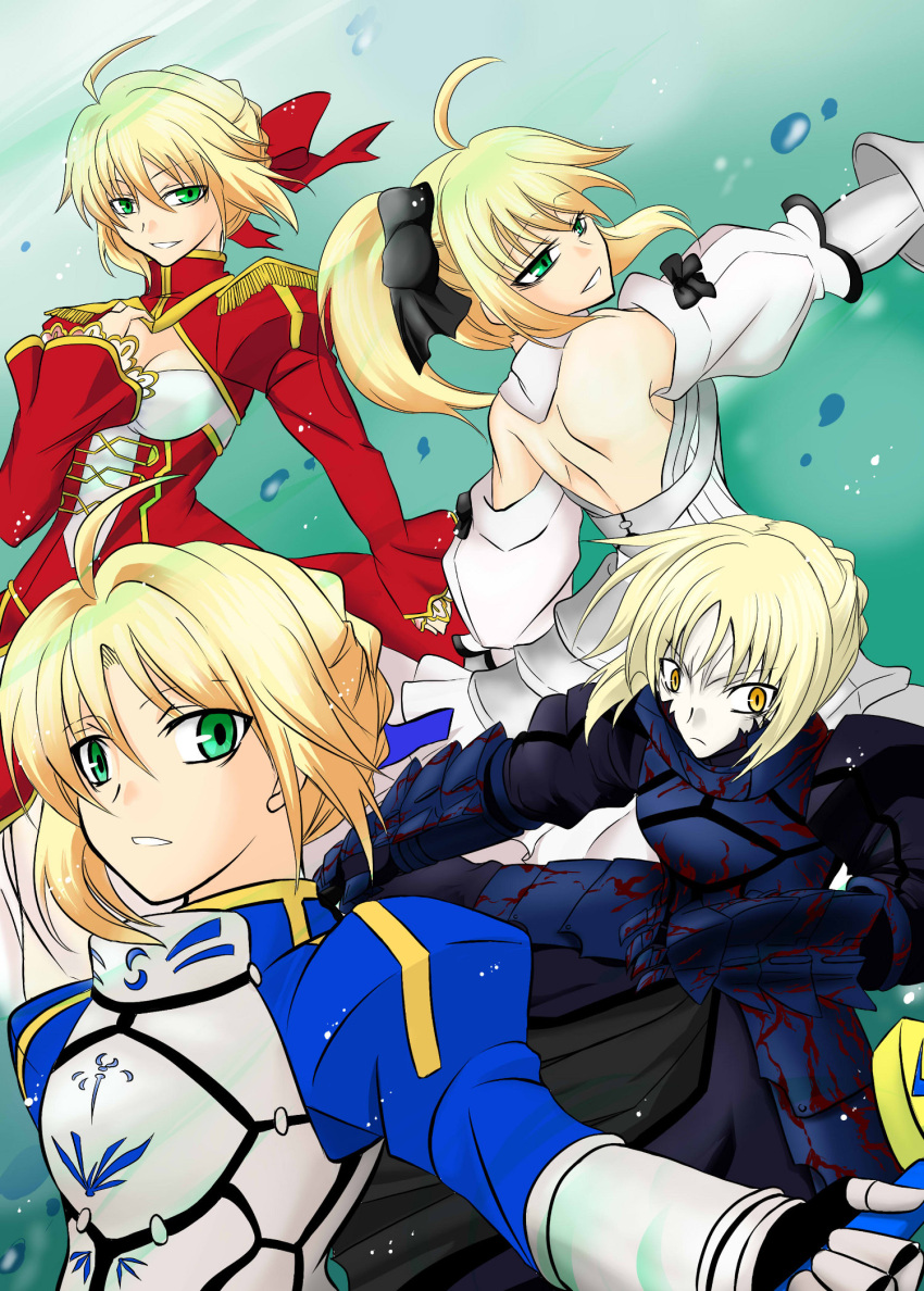 4girls aestus_estus ahoge armor armored_boots armored_dress artoria_pendragon_(all) bare_shoulders black_bow black_dress blonde_hair blue_bow blue_dress blush boots bow braid breasts brown_bow caliburn closed_mouth commentary_request dark_excalibur detached_sleeves dress excalibur facial_mark fate/extra fate/grand_order fate/stay_night fate/unlimited_codes fate_(series) gauntlets glowing glowing_sword glowing_weapon green_eyes hair_bow hair_bun hair_intakes hair_ribbon highres holding holding_sword holding_weapon juliet_sleeves knee_boots light_brown_hair long_sleeves looking_at_viewer medium_breasts multiple_girls nero_claudius_(fate) nero_claudius_(fate)_(all) parted_lips puffy_short_sleeves puffy_sleeves red_dress red_ribbon ribbon saber saber_alter saber_extra saber_lily short_sleeves sidelocks sleeveless sleeveless_dress sleeves_past_wrists small_breasts smile sword tubasa-4 weapon white_dress white_sleeves wide_sleeves