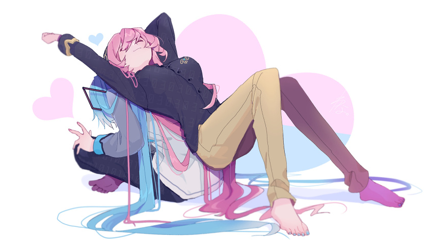 2girls :3 aqua_hair arm_up black_shirt brown_pants closed_eyes commentary grey_jacket hair_ornament hatsune_miku heart heart_background indian_style jacket leaning_back long_hair megurine_luka multiple_girls number_print outstretched_arm pants pink_hair shirt sitting smile twintails very_long_hair vocaloid wanaxtuco white_background