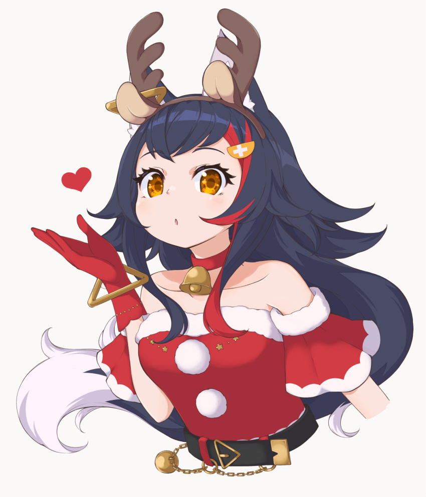 1girl :o animal_ears bare_shoulders black_hair blowing_kiss canon4869 collarbone deer_ears detached_sleeves dress fake_animal_ears fake_antlers fake_horns flipped_hair fur-trimmed_dress fur-trimmed_sleeves fur_trim hair_ornament hairclip highres hololive horns looking_at_viewer multicolored_hair ookami_mio red_dress redhead santa_costume santa_dress sideways_glance solo spiky_hair strapless strapless_dress streaked_hair virtual_youtuber wolf_ears wolf_girl yellow_eyes