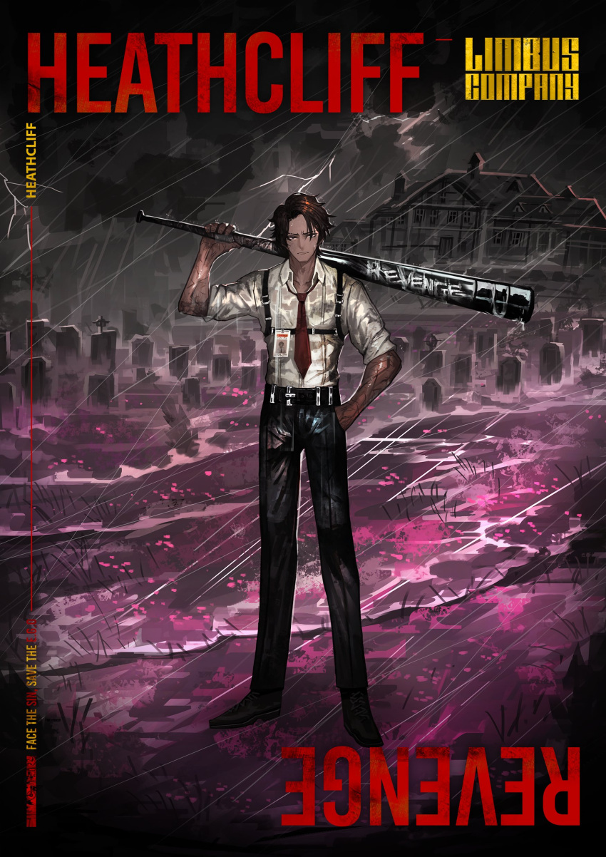 absurdres bangs baseball_bat belt black_eyes black_footwear black_pants brown_hair character_name closed_mouth dark-skinned_male dark_skin flood forehead formal full_body grey_sky hand_in_pocket heathcliff highres holding holding_baseball_bat id_card lightning limbus_company looking_at_viewer necktie official_art outdoors pants polo_shirt rain red_necktie shirt shoes sleeves_rolled_up solo standing v-shaped_eyebrows water waves white_shirt