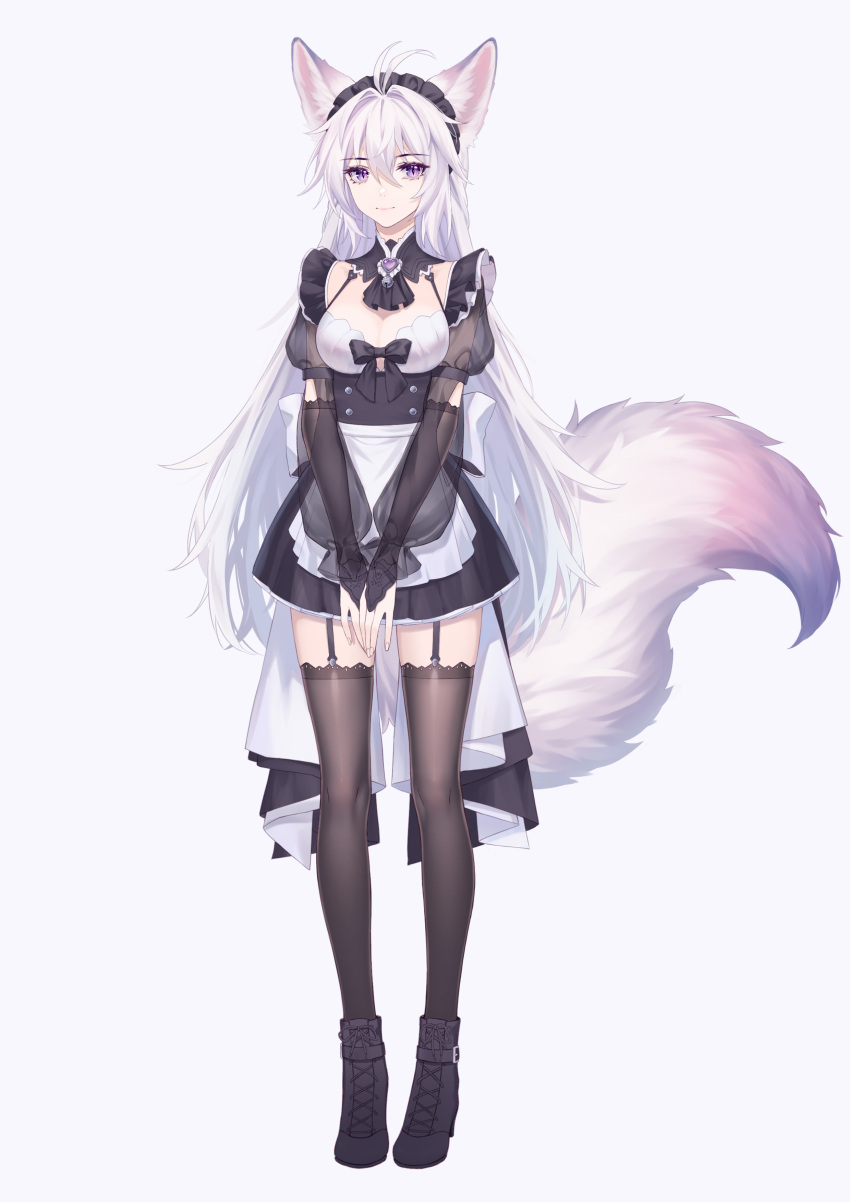 1girl absurdres ahoge animal_ears apron bell buckle commentary_request elbow_gloves fox_ears fox_girl fox_tail full_body garter_straps gloves grey_background highres kirby_d_a long_hair looking_at_viewer maid maid_apron maid_headdress neck_bell original revision simple_background solo tail thigh-highs very_long_hair violet_eyes white_hair