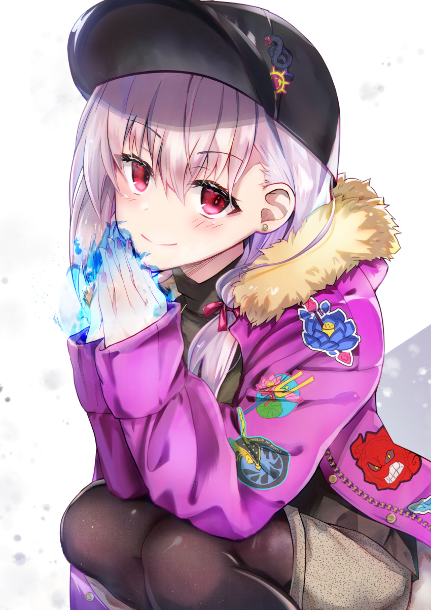 1girl adapted_costume bangs baseball_cap black_headwear black_sweater blue_fire blush breasts brown_legwear earrings fate/grand_order fate_(series) fire fukiya_(fumiakitoyama) fur_trim glasses grey_shorts hair_ribbon hat heroic_spirit_tour_outfit highres jacket jewelry kama_(fate) large_breasts long_hair long_sleeves looking_at_viewer open_clothes open_jacket pantyhose red_eyes red_ribbon ribbon shorts silver_hair smile solo squatting sweater thighs turtleneck turtleneck_sweater