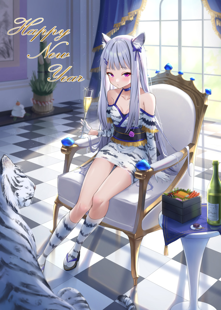 1girl alcohol animal animal_ear_fluff animal_ears animal_print armchair bare_shoulders black_footwear blue_bow blue_choker bottle bow breasts chair champagne champagne_flute checkered_floor choker closed_mouth collarbone commentary_request cup curtains day detached_sleeves dress drinking_glass ear_bow food gloves gohei_(aoi_yuugure) grey_hair hair_ornament hairclip happy_new_year highres holding holding_cup indoors kadomatsu kagami_mochi kneehighs long_hair long_sleeves new_year on_chair original print_dress print_legwear print_sleeves sitting sleeveless sleeveless_dress small_breasts solo tail tiger tiger_ears tiger_girl tiger_print tiger_tail very_long_hair violet_eyes white_dress white_gloves white_legwear window zouri