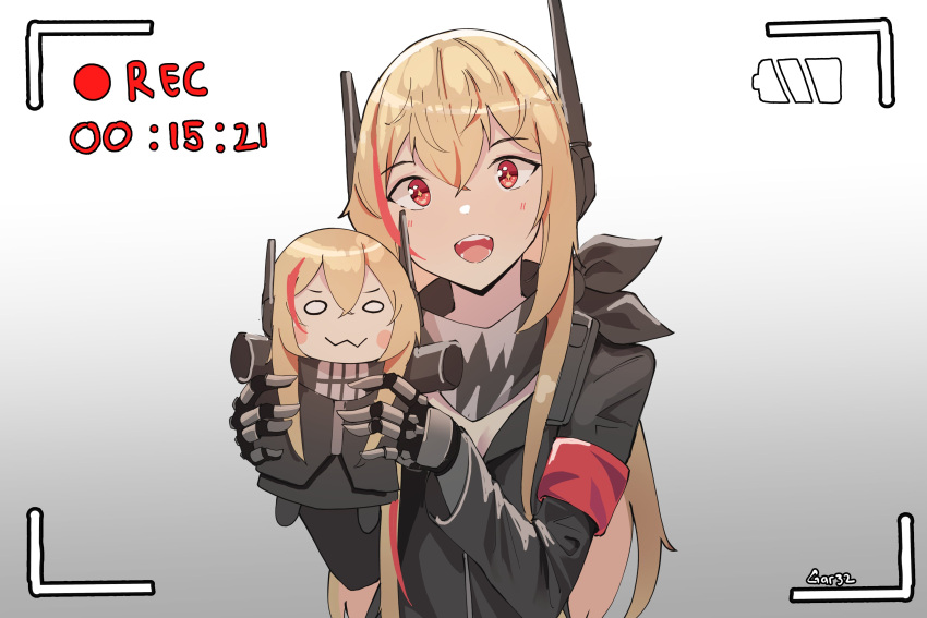 +_+ 1girl :d absurdres armband bandana black_jacket blonde_hair gar32 girls_frontline gradient gradient_background headgear highres holding jacket long_hair long_sleeves looking_at_viewer m4_sopmod_ii_(girls'_frontline) mechanical_arms multicolored_hair open_mouth recording red_eyes signature smile solo streaked_hair upper_body very_long_hair viewfinder yellow_pupils