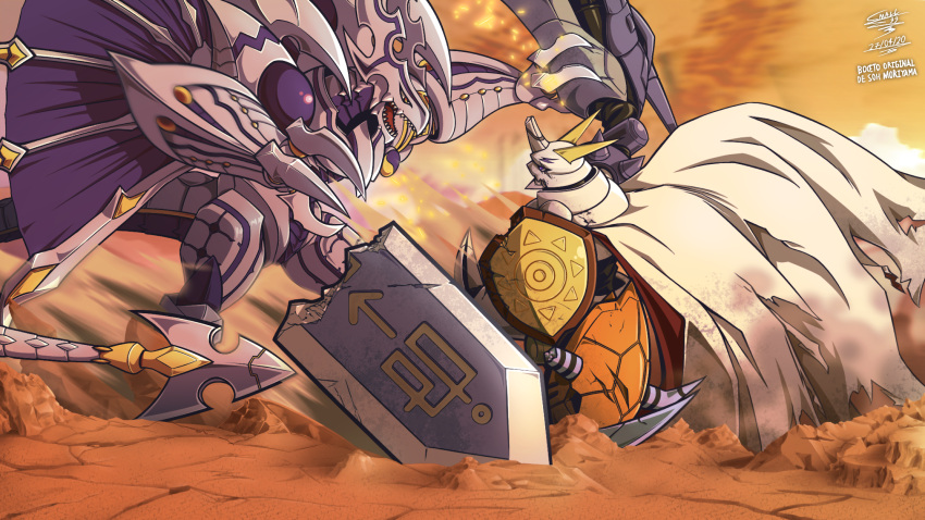 armor broken broken_armor broken_horn broken_sword broken_weapon cape claws creature digimon digimon_(creature) digimon_chronicle dorugoramon fangs fighting highres horns mecha moriyama_sou official_art omegamon small_alonso sword tail weapon wings yellow_eyes