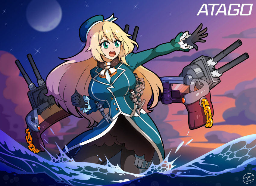 1girl atago_(kancolle) atago_(kantai_collection) beret black_gloves black_legwear blonde_hair breasts cannon chain dongin1228 evening frilled_sleeves frills gloves green_eyes green_headwear hat highres kantai_collection large_breasts long_hair long_sleeves military military_uniform moon open_mouth outdoors pantyhose rigging solo turret uniform waves