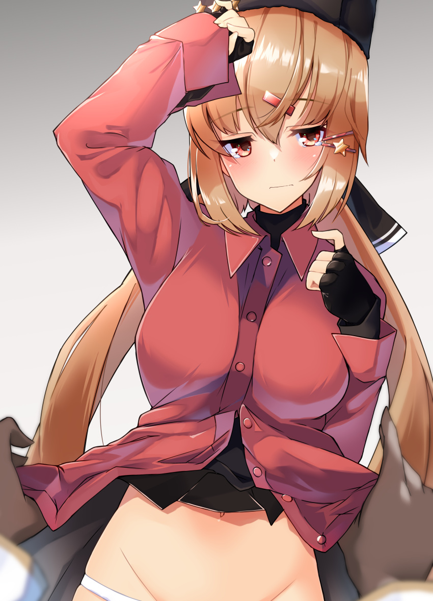 1girl absurdres black_bow black_gloves black_headwear bow breasts brown_eyes brown_hair collared_shirt fingerless_gloves gloves hair_bow hair_ornament hairclip highres kantai_collection komb large_breasts long_hair long_sleeves low_twintails navel panties papakha red_shirt shirt solo star_(symbol) star_hair_ornament tashkent_(kancolle) twintails underwear white_panties