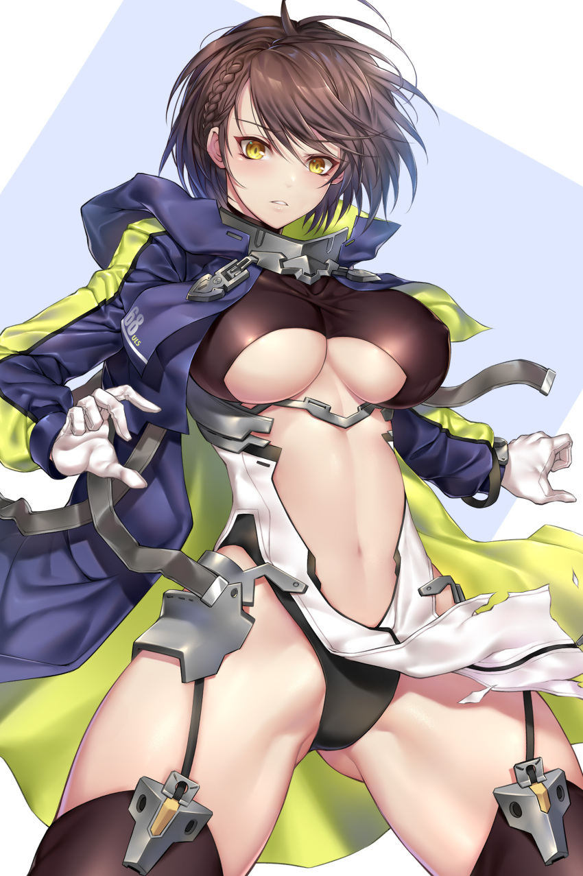 1girl absurdres ahoge ass_visible_through_thighs azur_lane baltimore_(azur_lane) bangs black_leotard blush boots braid breasts brown_hair center_opening clothing_cutout coat covered_nipples cowboy_shot eyebrows_visible_through_hair floating_hair garter_straps gloves groin hair_between_eyes hands_up highres large_breasts leotard long_sleeves looking_at_viewer nasaniliu navel open_clothes open_coat open_mouth pelvic_curtain purple_coat revision rigging short_hair simple_background solo stomach thigh-highs thigh_boots thighs torn_clothes underboob_cutout white_gloves yellow_eyes